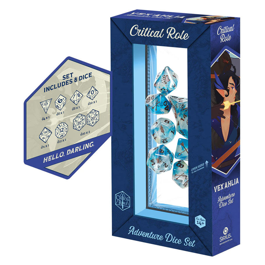Official Critical Role Vox Machina Vexahlia Eight Piece Polyhedral Dice Set Packaging with Sharp Edge D20
