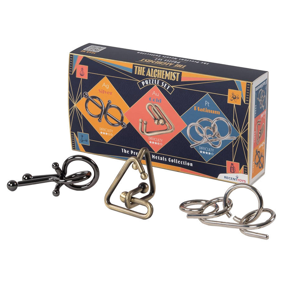 The Alchemist Premium Metal Three Piece Brainteaser Puzzle Set in Gold Silver and Platinum Finishes
