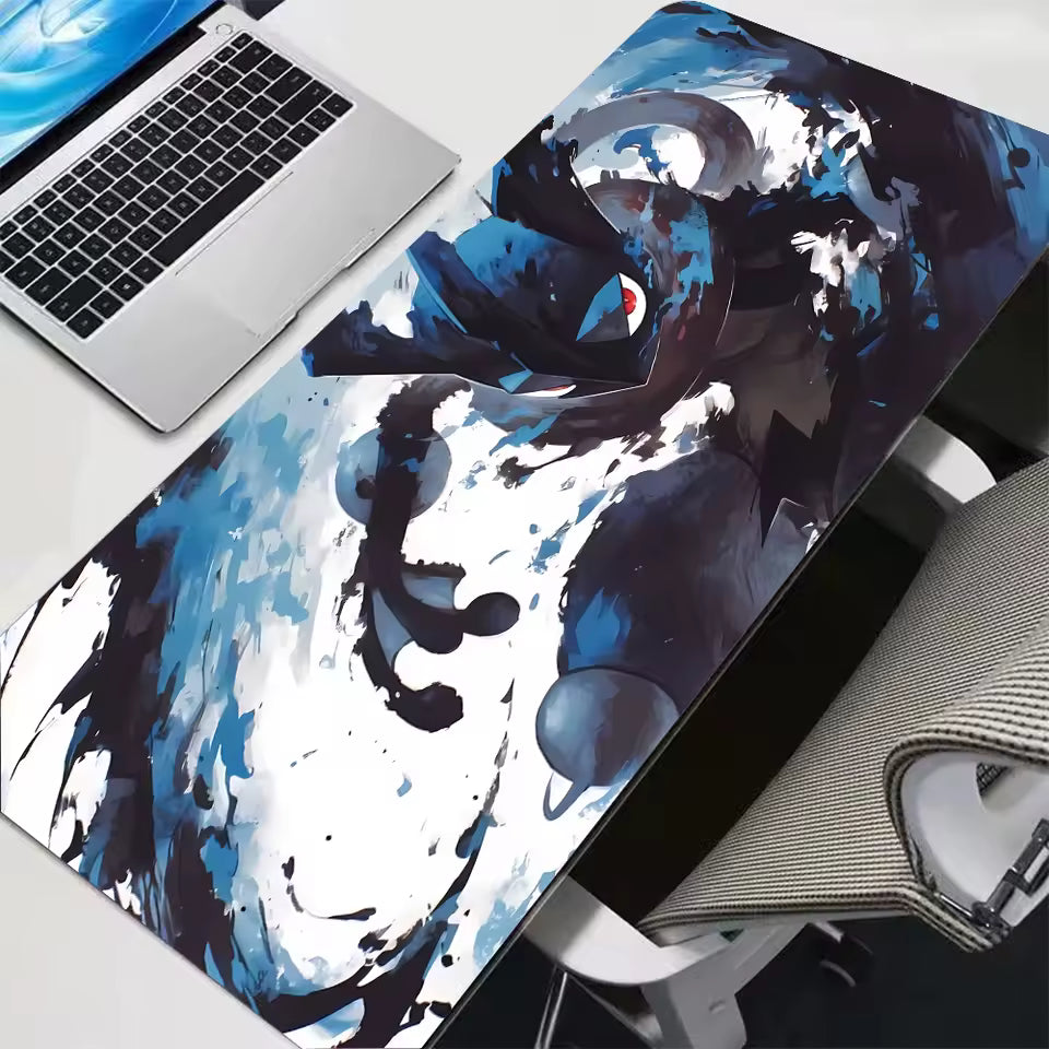 Blue and dark blue ninja character in a dynamic pose, large gaming desk mat 300x700mm, tactical aqua and shadow aesthetic desk decor.