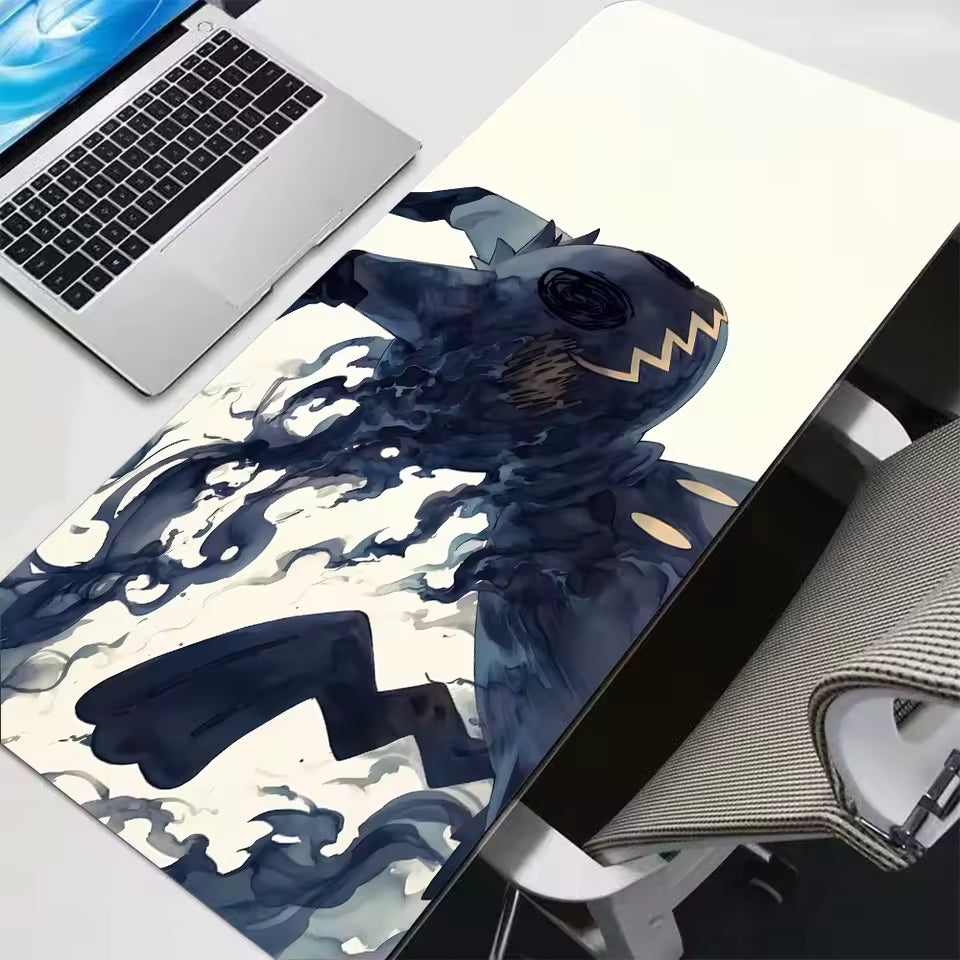 Ghostly character in a tattered disguise emerging from purple and black smoke, large gaming desk mat 300x700mm, dark atmospheric desk decor.