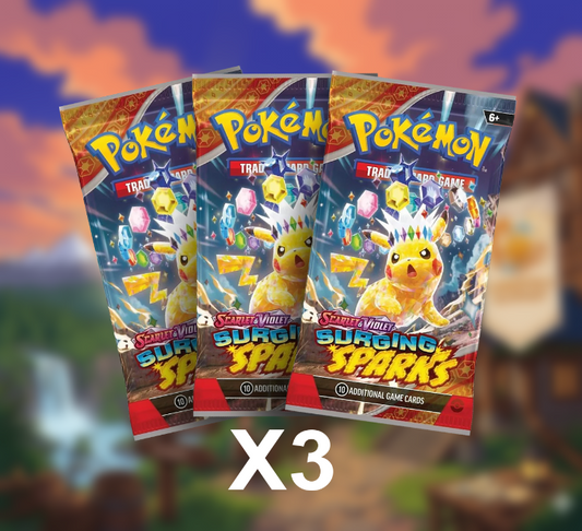 Pokemon TCG Surging Sparks 3-Pack Booster Bundle Sealed SV08 Featuring Pikachu ex and Alolan Exeggutor ex