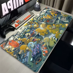 Cyberpunk neon night market illustration on a large gaming desk mat, 300x700mm, featuring a yellow character in a bustling city street.