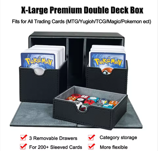 Khaki & Grey 3-Drawer TCG Deck Box - Premium PU Leather Storage