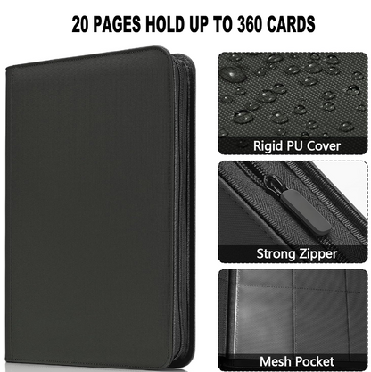 Portable 9-Pocket PU Leather Trading Card Binder with Zipper Closure (360 Pocket)