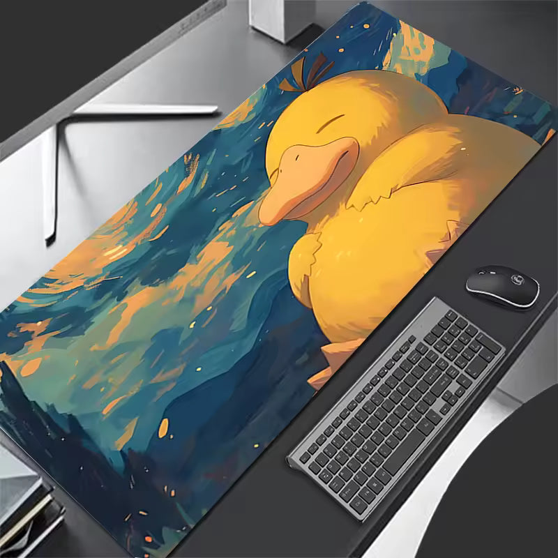 Adorable sleepy yellow duck on a pastel blue background, large gaming desk mat 300x600mm, cozy desk setup accessories.