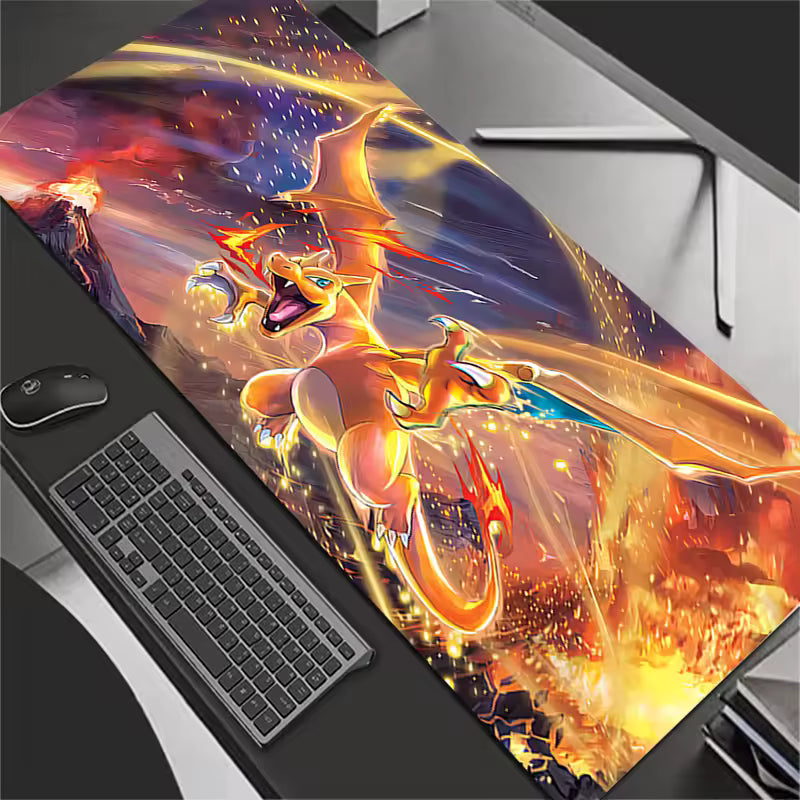 Large orange and red fire dragon emerging from lava, 300x800mm gaming desk mat, volcanic aesthetic desk accessories.