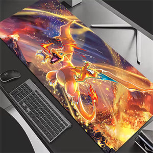 Large orange and red fire dragon emerging from lava, 300x800mm gaming desk mat, volcanic aesthetic desk accessories.