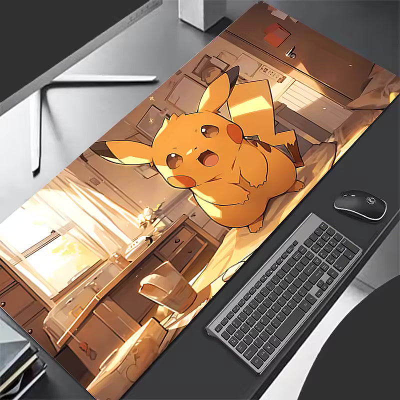 Cute yellow electric mouse with rosy cheeks on a large gaming desk mat, 300x700mm, kawaii yellow desk decor and cozy gaming accessories.