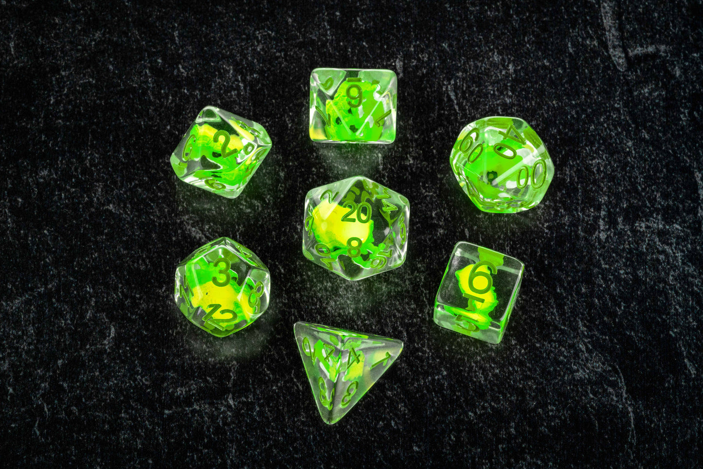 Dragon Storm Inclusion Resin Dice Set (Green Dragon) | 7-Piece 16mm Polyhedral Set
