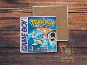 Blue retro handheld video game cartridge inspired ceramic coaster, 4x4 square, water-resistant gaming room desk accessory.