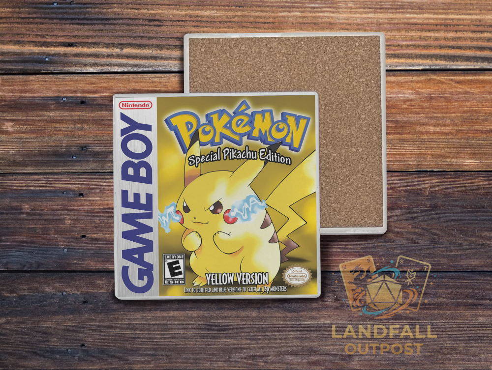 Yellow retro handheld video game cartridge inspired ceramic coaster, 4x4 square, water-resistant electric yellow gaming desk accessory.