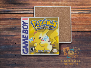 Yellow retro handheld video game cartridge inspired ceramic coaster, 4x4 square, water-resistant electric yellow gaming desk accessory.