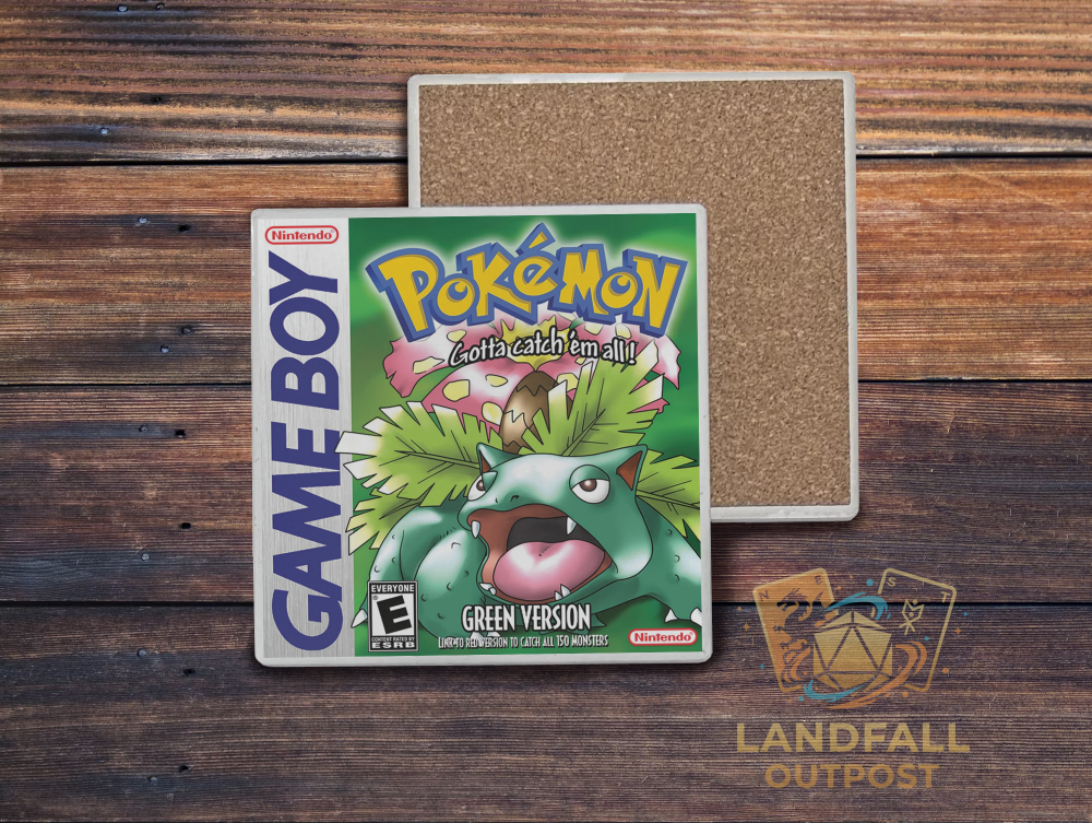 Green retro handheld video game cartridge inspired ceramic coaster, 4x4 square, water-resistant forest green gaming desk accessory.