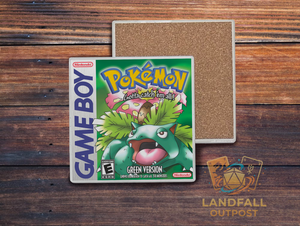 Green retro handheld video game cartridge inspired ceramic coaster, 4x4 square, water-resistant forest green gaming desk accessory.