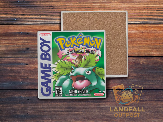 Green retro handheld video game cartridge inspired ceramic coaster, 4x4 square, water-resistant forest green gaming desk accessory.
