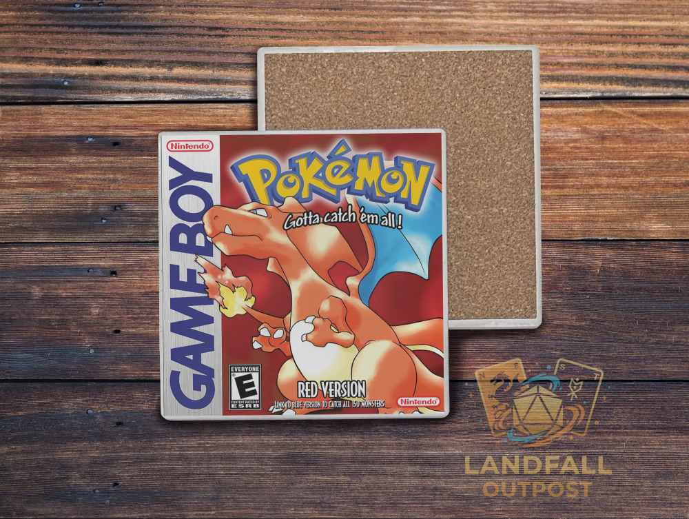 Red retro handheld video game cartridge inspired ceramic coaster, 4x4 square, water-resistant ember red gaming desk accessory.