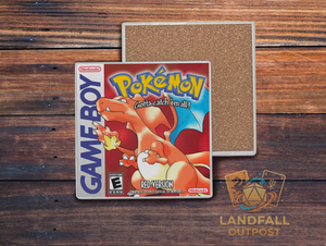 Red retro handheld video game cartridge inspired ceramic coaster, 4x4 square, water-resistant ember red gaming desk accessory.